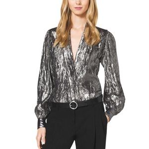 Michael Kors Metallic Crushed-silk Lamé Wrap Top